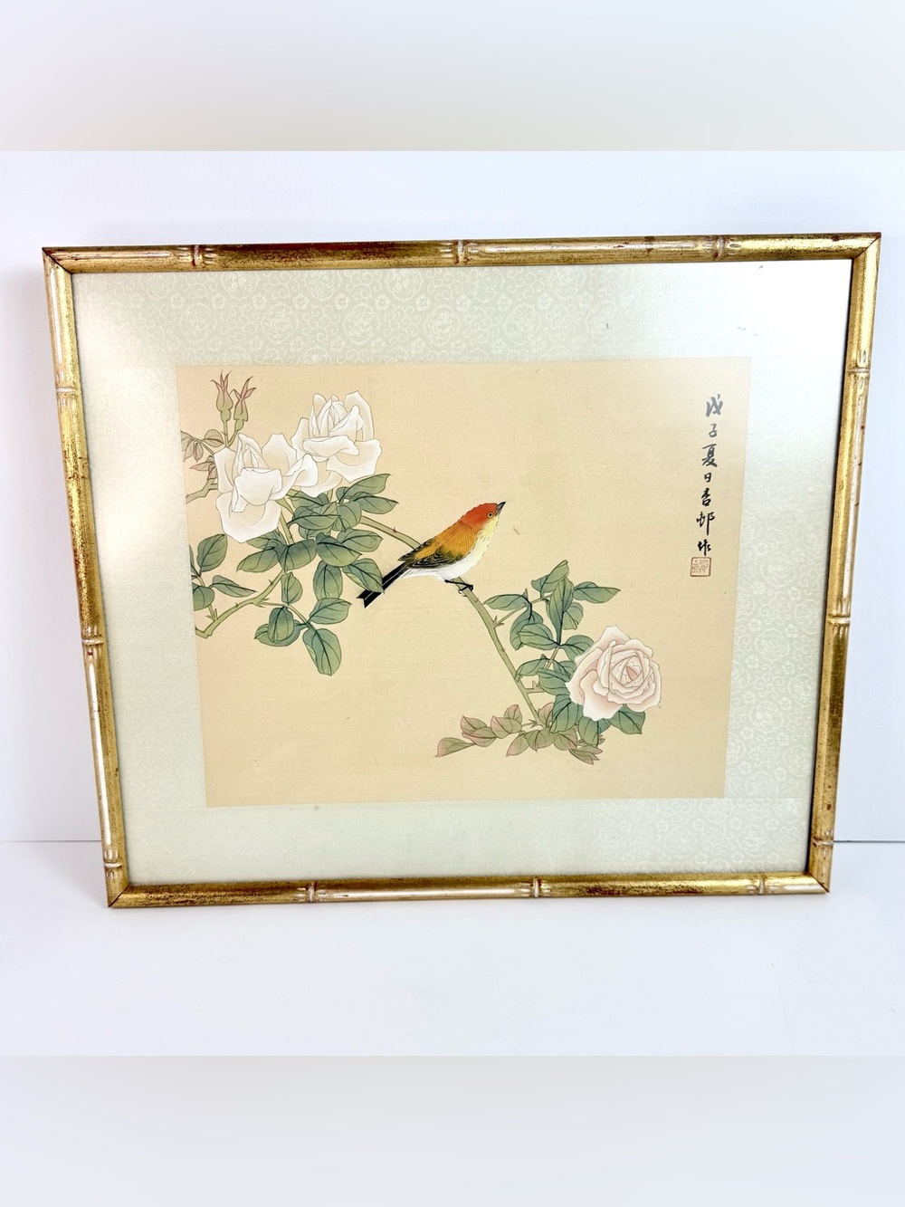Vintage Framed Asian Watercolor on Silk Painting Red Headed Weaver Bird & Roses